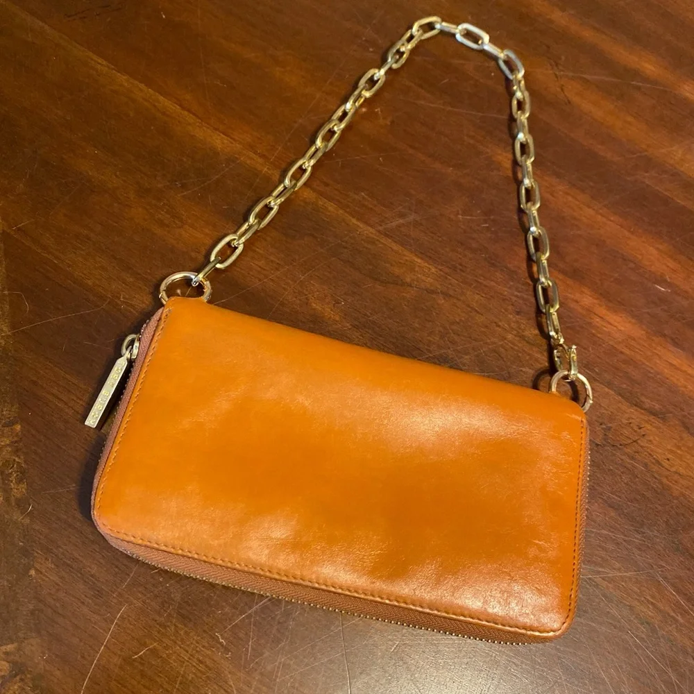 Tory Burch Orange Leather Logo Chain Clutch